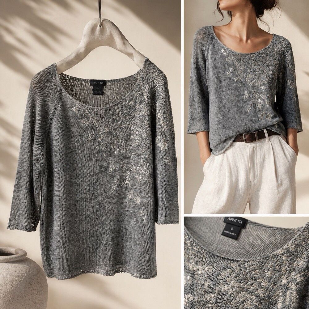 Avant Toi Linen Embroidered Loose Weave Sweater Gray Italy S Luxury Boho Artisan